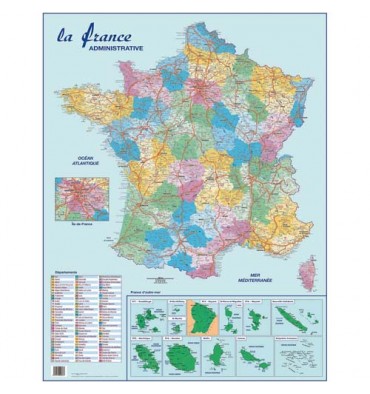 CBG Carte France Administrative, Routière et Dom-Tom murale - Pelliculée 66  x 84,5 cm